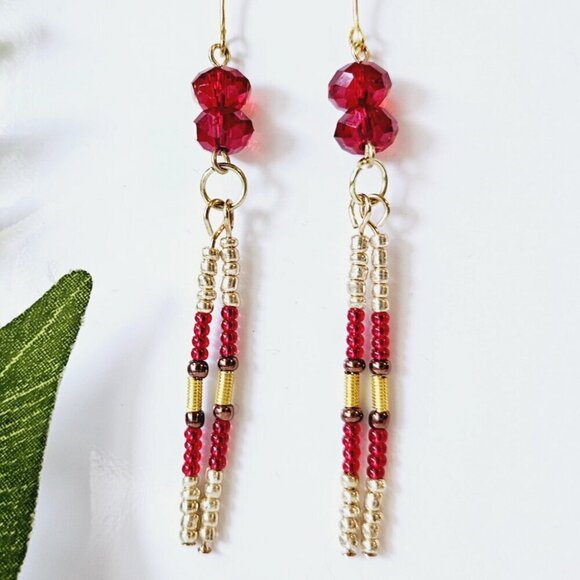 2/$27 | Red Sparkle Beaded Indigenous Native Fringe Earrings | Handmade Jewelry - Picture 1 of 4
